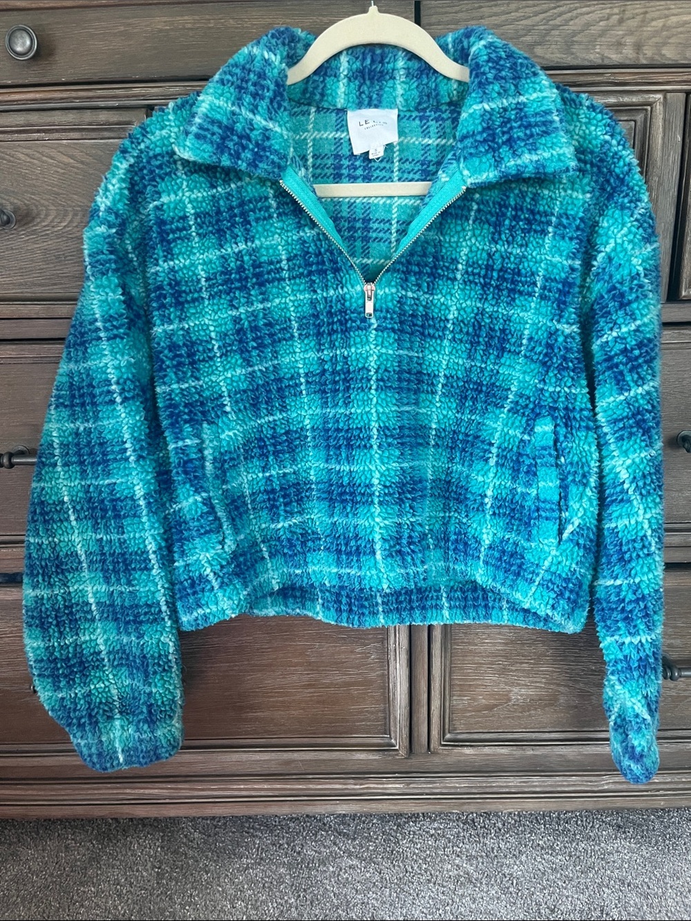 Le Lis Cozy Teal & blue Plaid Fleece Half-Zip Jacket